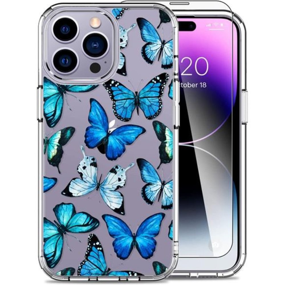 For iPhone 14 Pro Max 6.7" Case with Screen Protector, Butterflies Cute Design